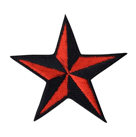 Red and black star patch on a white background