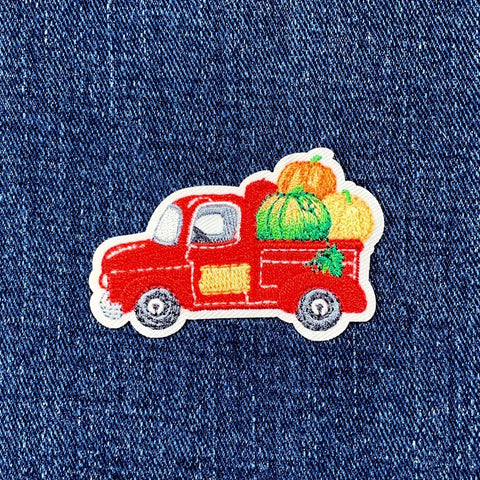 Red Truck & Pumpkins Applique Patch - Embroidered Autumn Fall Harvest Badge 2-1/8" (Iron On)