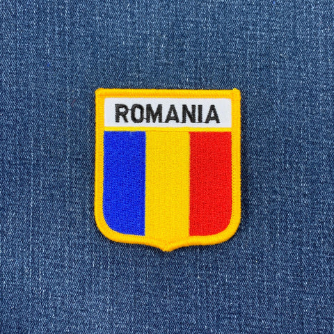 Romanian flag patch on a blue denim background
