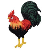 Embroidered rooster patch featuring a vibrant red, orange, yellow, black, and green design on a plain white background.