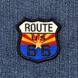 route 66 arizona flag embroidered patch on a denim background