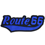 A patch with the text 'Route 66' embroidered in blue and black.
