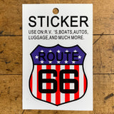 A shield sticker with a Route 66 USA stars and stripes design 