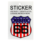 A shield sticker with a Route 66 USA stars and stripes design 