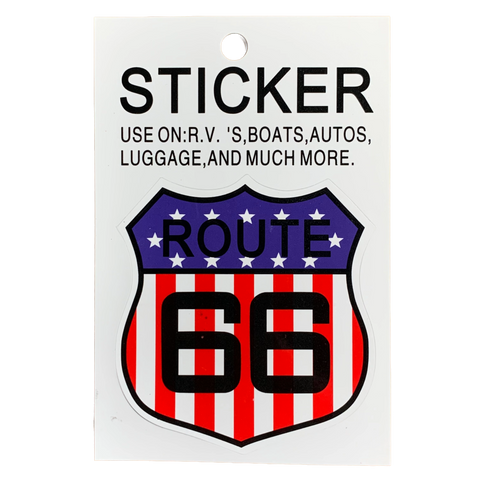 A shield sticker with a Route 66 USA stars and stripes design 