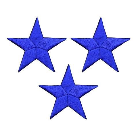 three royal blue embroidered star patches on a white background