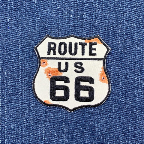 Route 66 Patch - Embroidered Simulated Bullet Holes & Rusty Highway Sign Badge 2.5" (Iron On)
