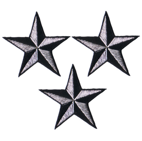 Three silver and black star-shaped patches on a white background