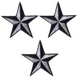 Three silver and black star-shaped patches on a white background
