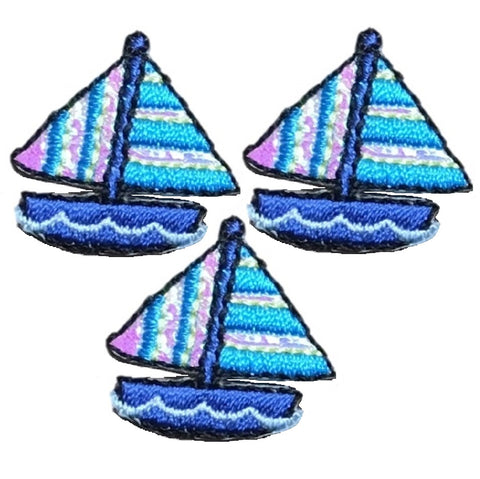 Mini Sailboat Applique Patch - Sailing Nautical Shimmery Boat Embroidered Badge 7/8" (3-Pack, Iron on)