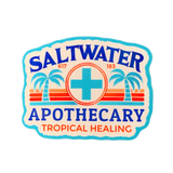 A vinyl decal sticker with a blue border and background, featuring the text 'SALTWATER APOTHECARY TROPICAL HEALING' with a red and orange palm tree illustration.
