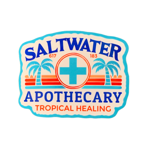 A vinyl decal sticker with a blue border and background, featuring the text 'SALTWATER APOTHECARY TROPICAL HEALING' with a red and orange palm tree illustration.