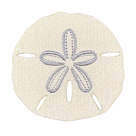 Embroidered sand dollar patch on a white background