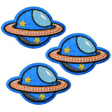 Three embroidered patches depicting mini Saturn with rings and yellow stars on a blue background, designed for iron-on application.