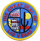A round embroidered patch with the text 'THE GREAT SEAL OF LAS VEGAS' featuring a casino slot machine, dice, and a cactus.