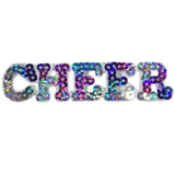 A sequin cheerleading badge patch spelling out the word 'CHEER' with multicolored sequins on a white background.