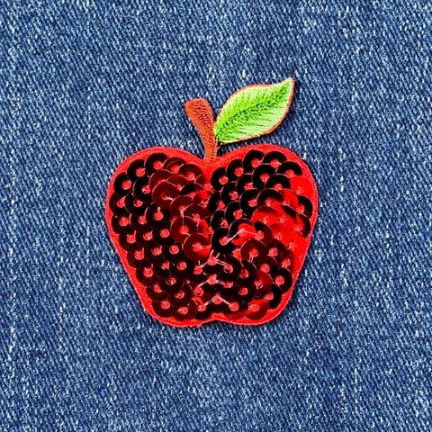 Sequin Apple Applique Patch - Embroidered Fruit Badge 1.75" (Iron On)