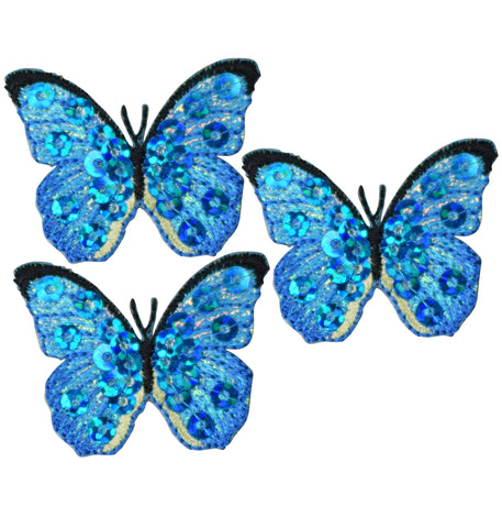 Mini Blue Butterfly Applique Patch - Sequin Insect Bug 1.5" (3-Pack, Iron on)