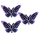 3-Pack Butterfly Applique Patch - Embroidered Sequin Purple Insect Badge 1-3/8" (Iron On)