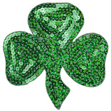 a large sequin clover or shamrock patch that shimmers, meant for iron on application to fabric.