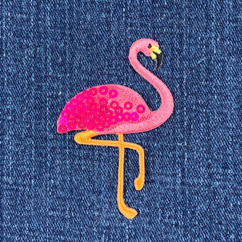 Sequin Flamingo Applique Patch - Pink Embroidered Water Bird Badge 2-3/8" (Iron On)