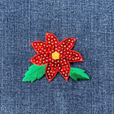 Poinsettia Applique Patch - Embroidered Sequin Christmas Flower Badge 2.75" (Iron On)