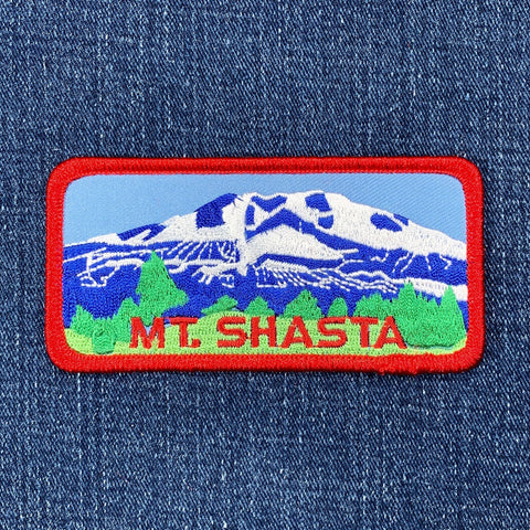Patch of Mount Shasta on a denim background