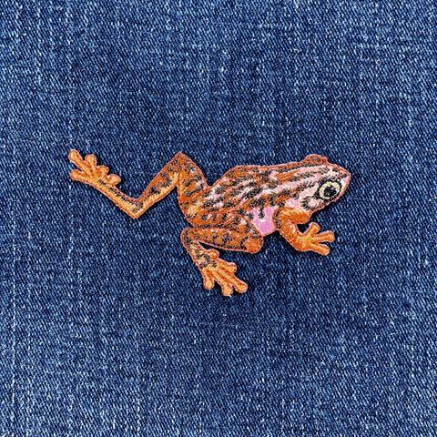 Embroidered frog patch on a denim fabric background