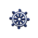 Blue and white ship's wheel patch on a white background
