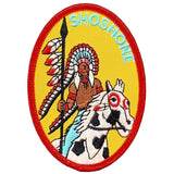 Patch with an illustration of a Native American chief and horse, labeled 'Shoshone', on a yellow background.