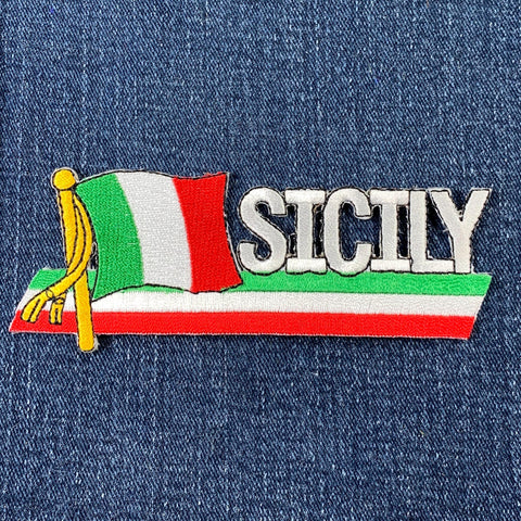 Embroidered patch with Italian flag design and 'SICILY' text on denim fabric.