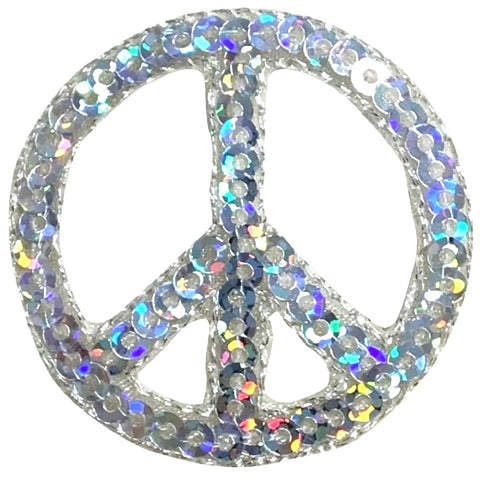 Peace Sign Applique Patch - Silver Sequin World Peace Badge 1.5" (Iron on)