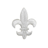Silver fleur-de-lis patch on a white background