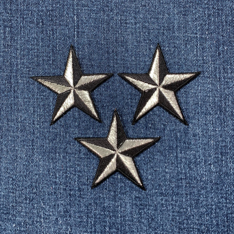 3-Pack Nautical Star Applique Patch - 3D Silver Black Embroidered Star 2" (Iron Or Sew On)