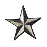 a silver and black 3-D nautical style star patch on a white background
