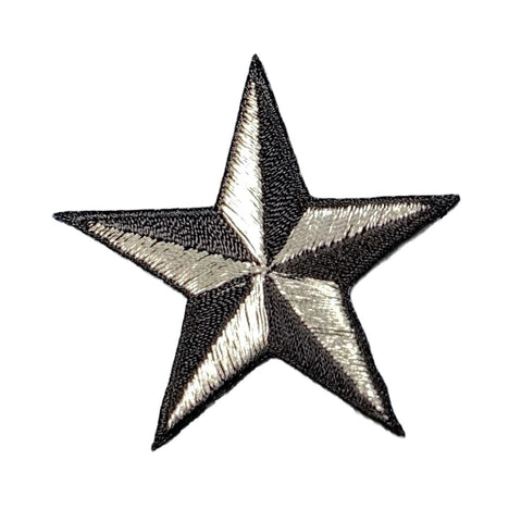a silver and black 3-D nautical style star patch on a white background
