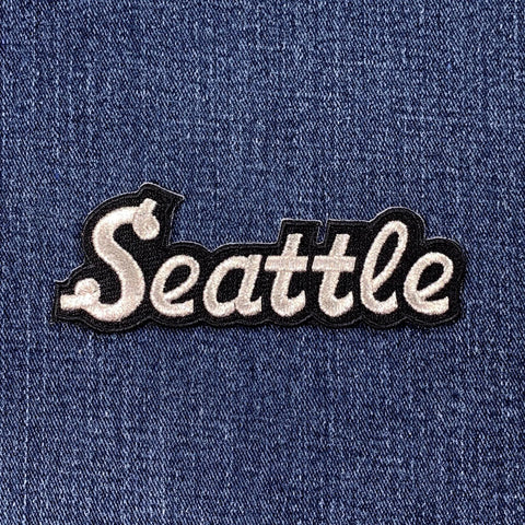 Seattle Patch - Embroidered Script Black & White Badge 4.25" (Iron Or Sew On)