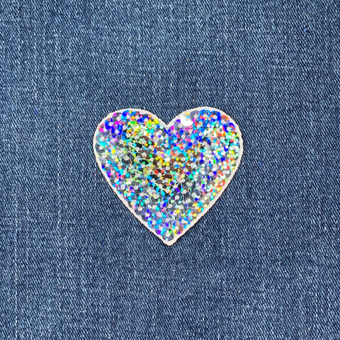 Silver Heart Applique Patch - Sequin Badge 2-3/16" (Iron On)