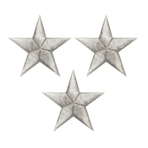 three silver star patches on a white background