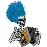 Embroidered patch depicting a skeleton figure from the waist up, wearing a spiky blue hairdo made of loose thread and enthusiastically playing a yellow and gray accordion.