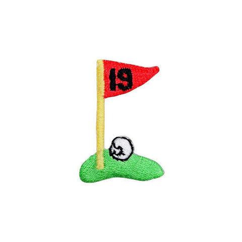Embroidered golf flag patch featuring a red flag with the number 19, a yellow flagstick, a green putting green on a white background.