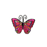 A vibrant embroidered butterfly patch with pink, purple, and yellow details, outlined in black