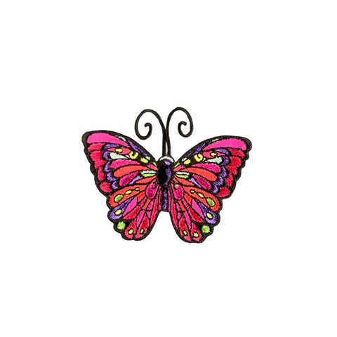 A vibrant embroidered butterfly patch with pink, purple, and yellow details, outlined in black
