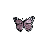 An embroidered butterfly patch with pink wings and black borders with white dotted accents, shown on a plain white background.
