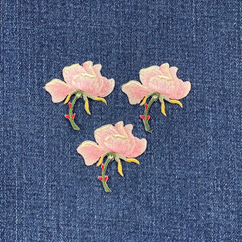 3-Pack Pink Rose Applique Patch - Embroidered Flower Garden Badge 1-3/8" (Iron On)
