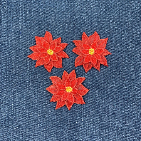 3-Pack Red Poinsettia Applique Patch - Embroidered Layered Christmas Flower Badge 1.75" (Iron On)