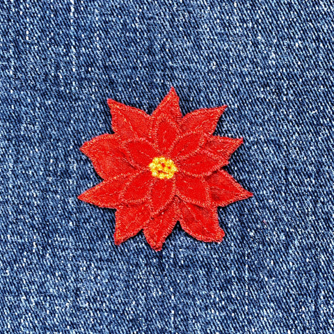 Poinsettia Applique Patch - Small Embroidered Layered Christmas Flower Badge 1.75" (Iron On)
