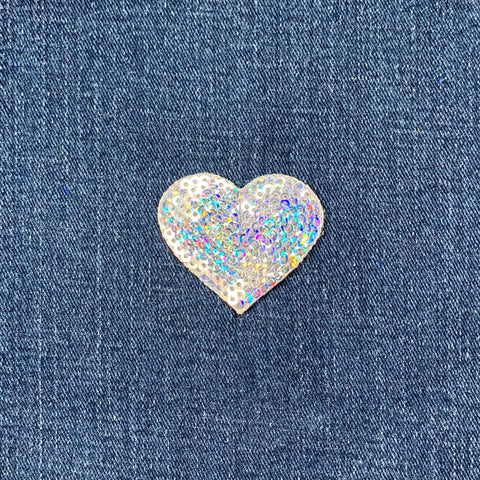 Silver Heart Applique Patch - Sequin Badge 1.75" (Iron On)