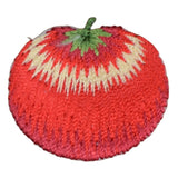 An embroidered patch of a red tomato with a green stem on top.