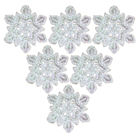 Mini White Snowflake Applique Patch - Iridescent Shimmery Snow Badge 1.25" (6-Pack, Iron on)